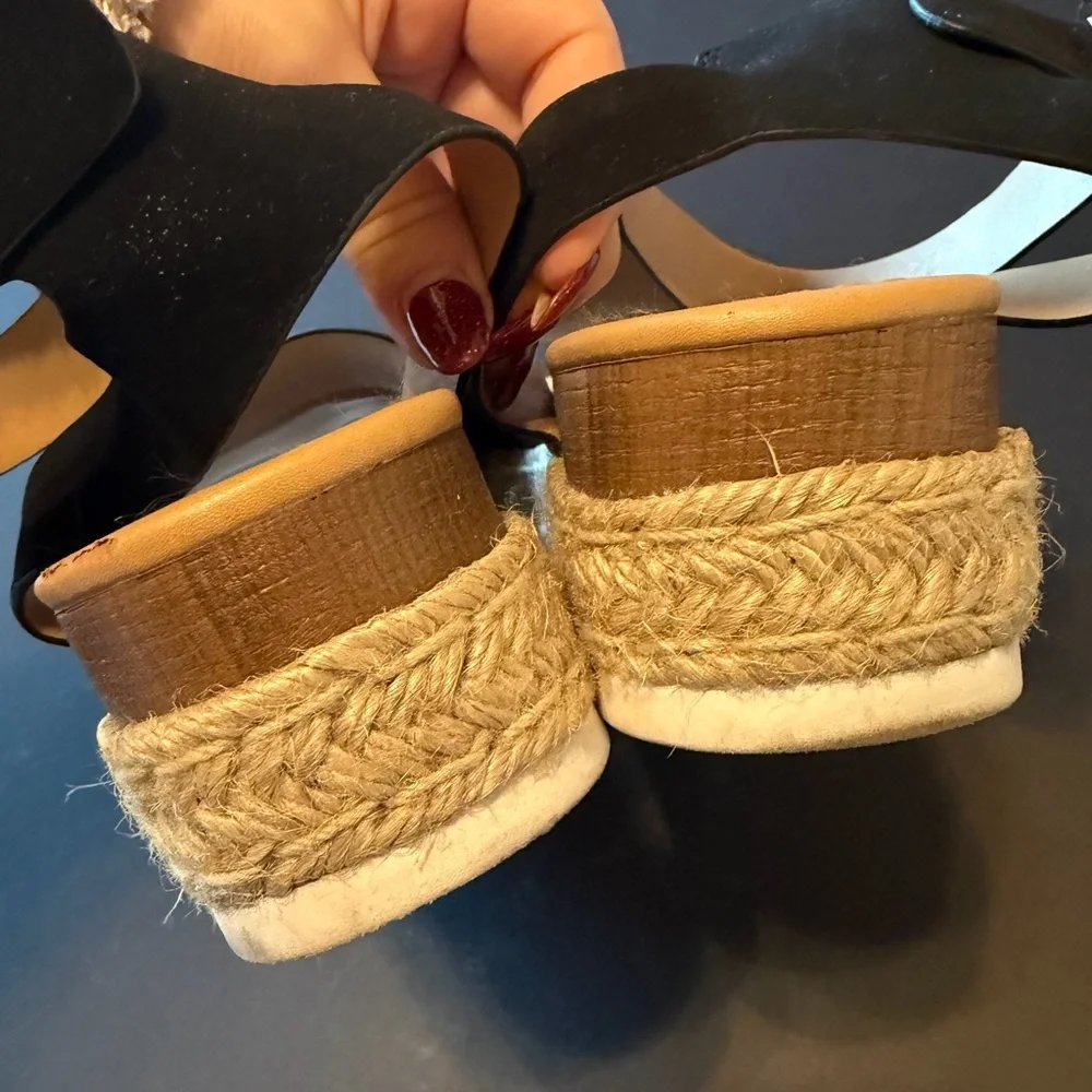 SODA black platform sandals, ankle strap, open front and back, jute accent, 7.5